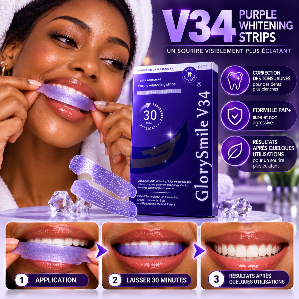 Bandes Dentaires Violettes GlorySmile V34 — 14 bandes, pose 30 min
