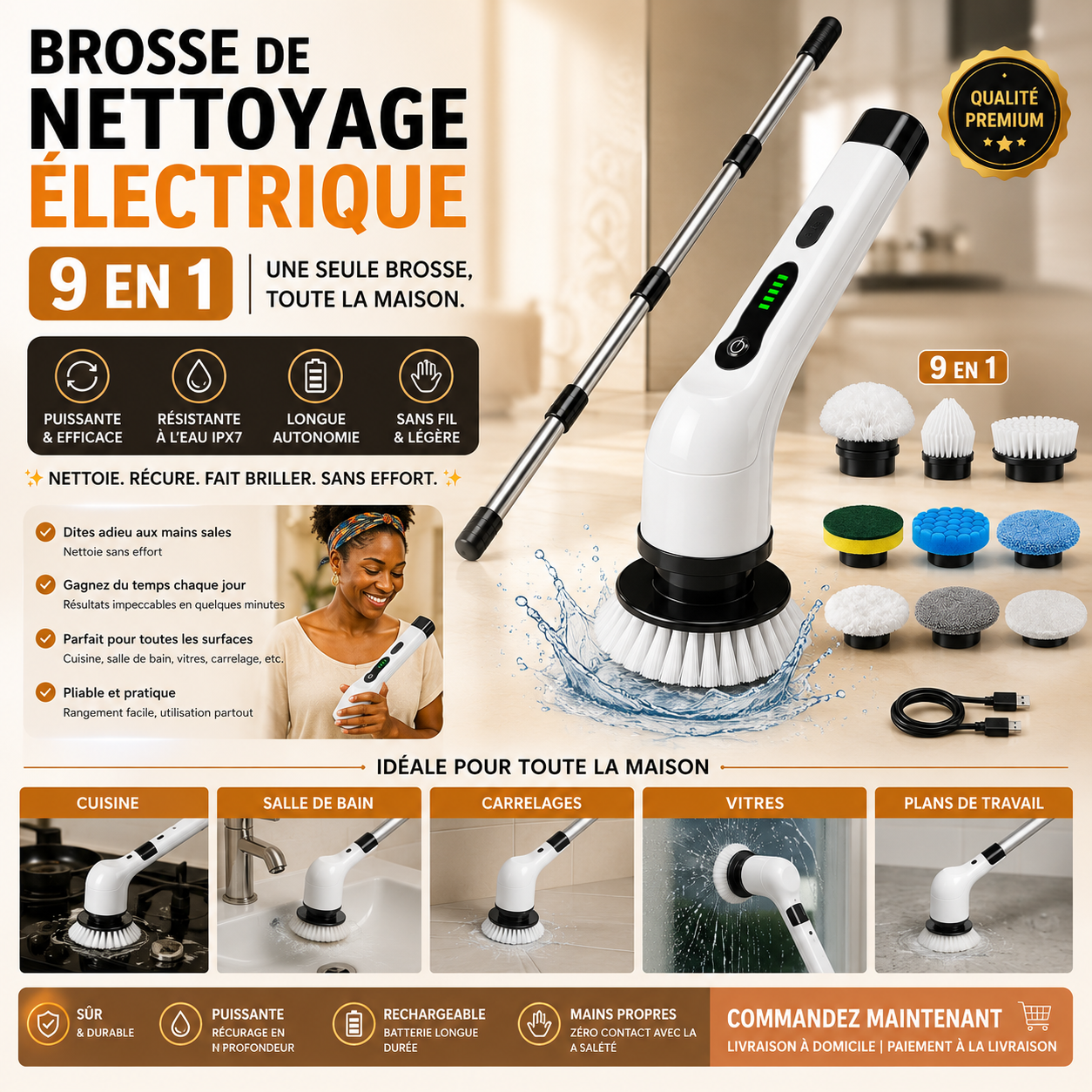 Brosse Électrique Rotative 9 en 1 — Nettoyage Puissant Sans Effort