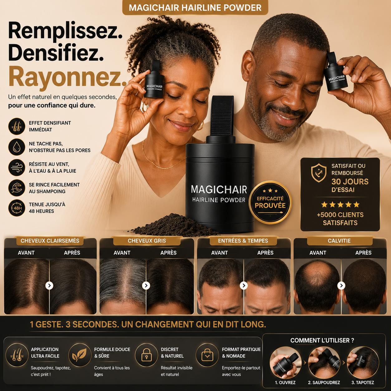 Poudre Capillaire Retouche Express — Cheveux Blancs & Calvitie Invisibles en 10 Secondes