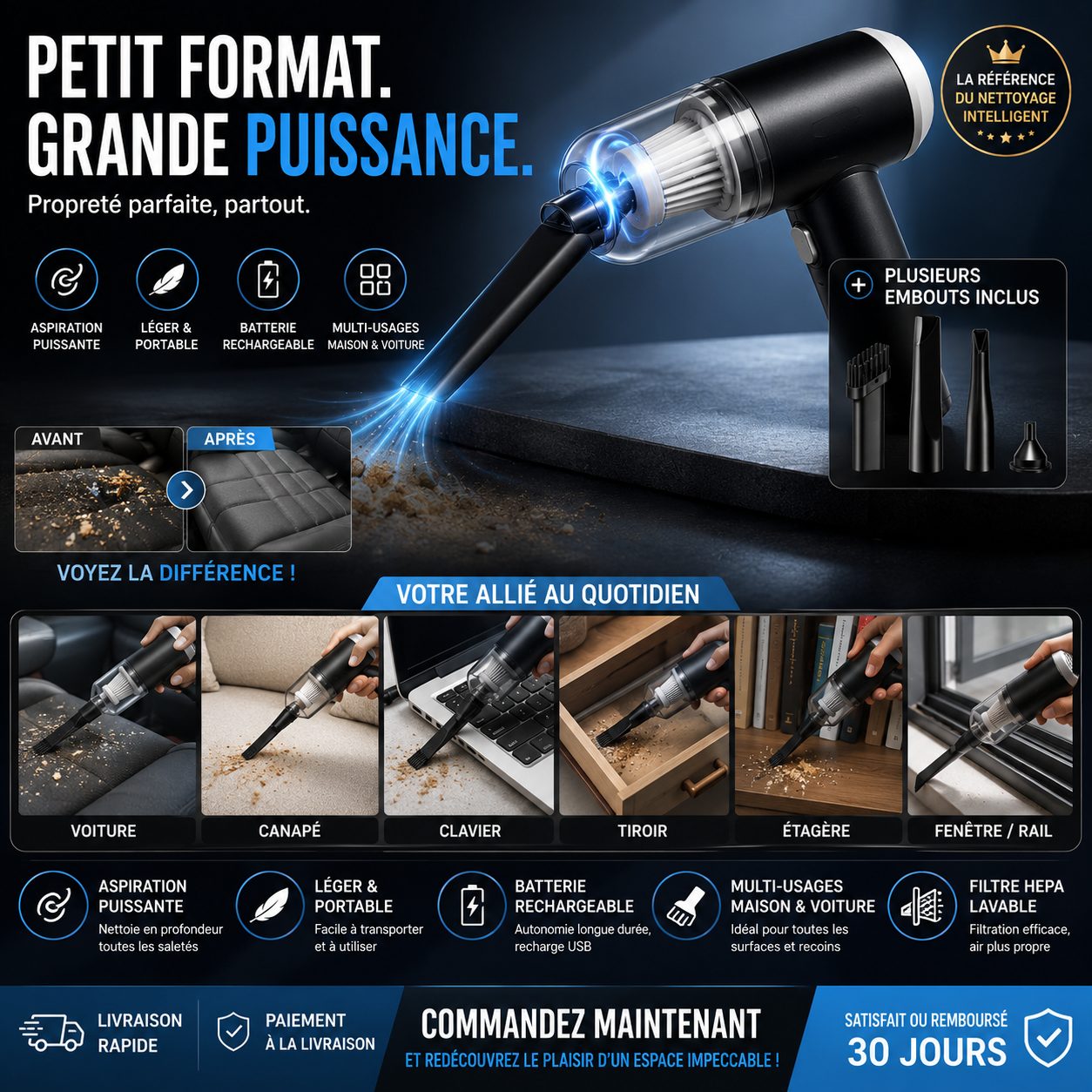 Mini Aspirateur Sans Fil 3 en 1 — Maison, Voiture & Bureau