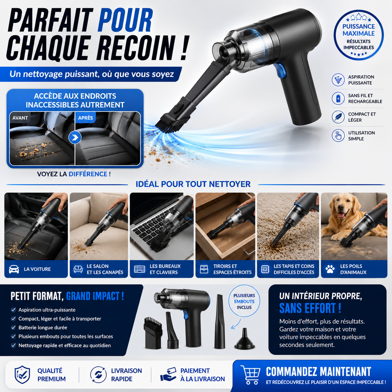 Mini Aspirateur Sans Fil 3 en 1 — Maison, Voiture & Bureau