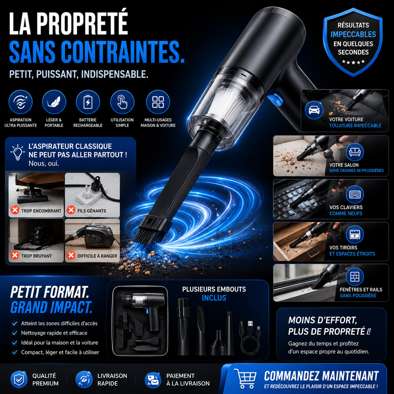 Mini Aspirateur Sans Fil 3 en 1 — Maison, Voiture & Bureau