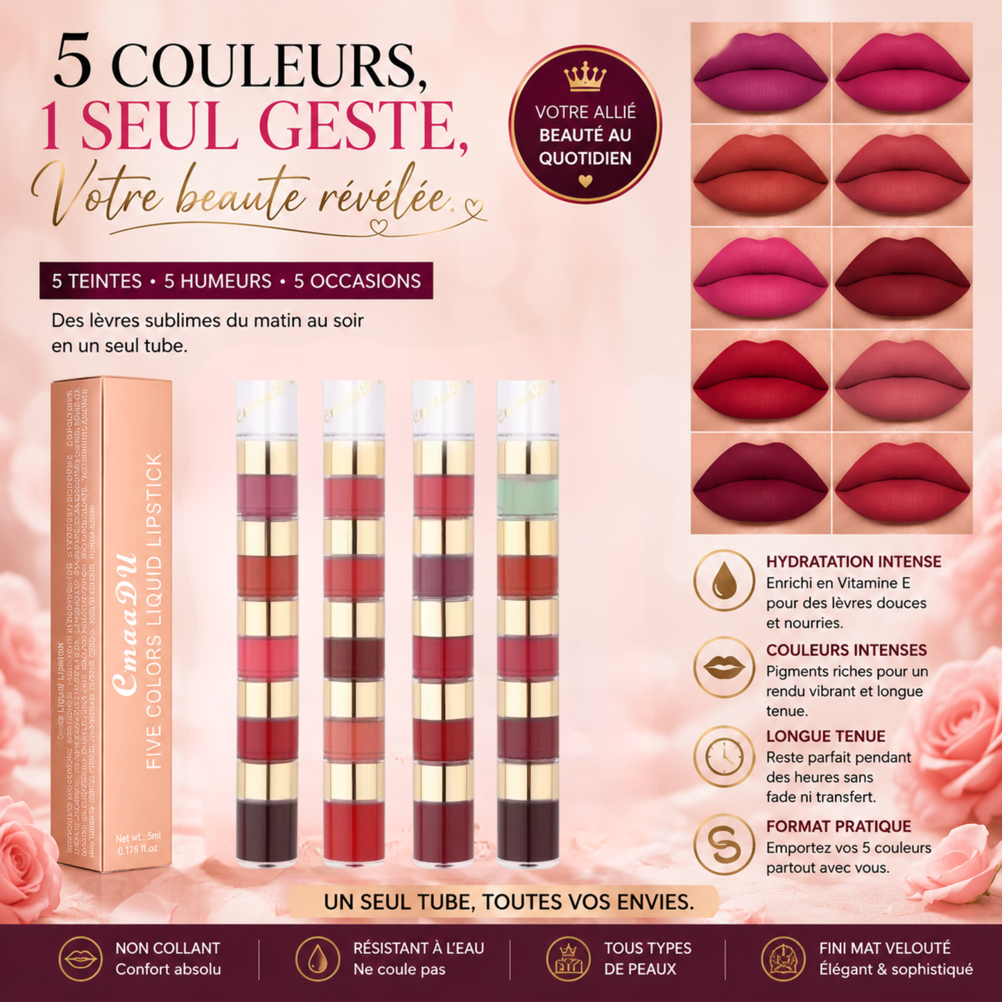 Rouge à Lèvres 5 en 1 Waterproof — 5 Looks. 1 Seul Tube.TM