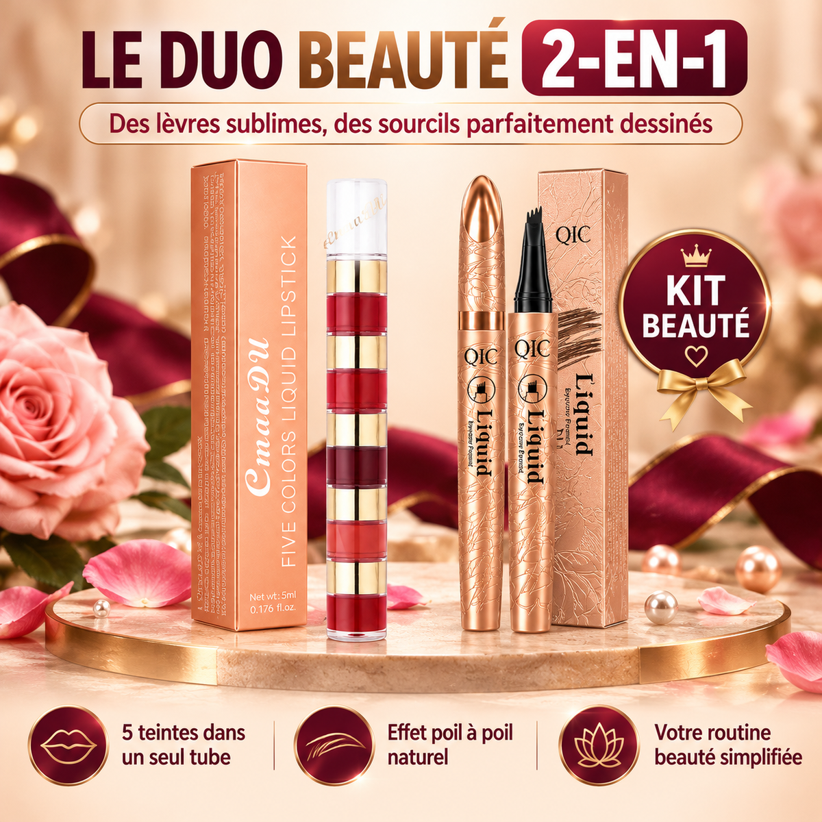 Kit Regard & Sourire — Stylo Sourcils Microblading 3D + Rouge à Lèvres 5 en 1