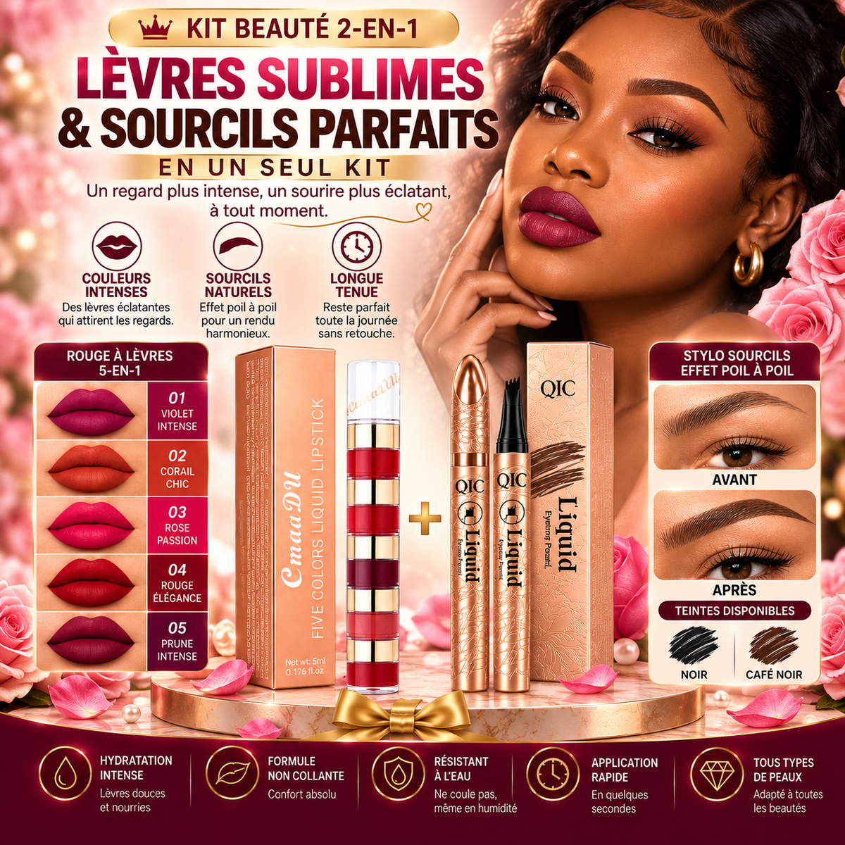 Kit Regard & Sourire — Stylo Sourcils Microblading 3D + Rouge à Lèvres 5 en 1