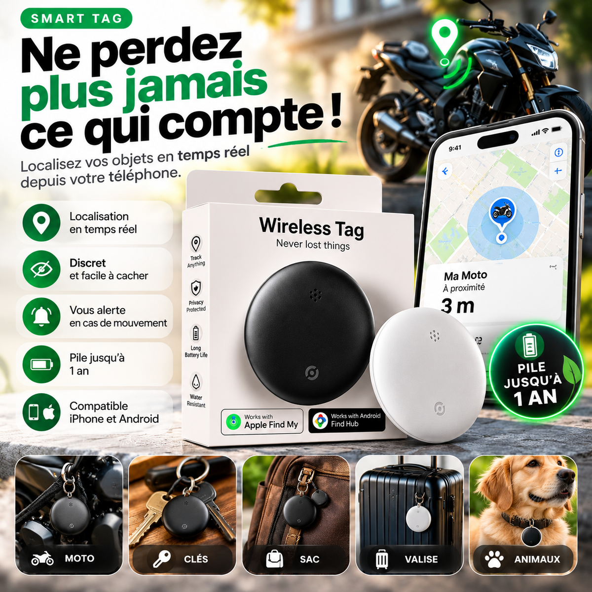 Smart Tag — Traceur pour clés, sac, cartable & moto | iPhone & Android