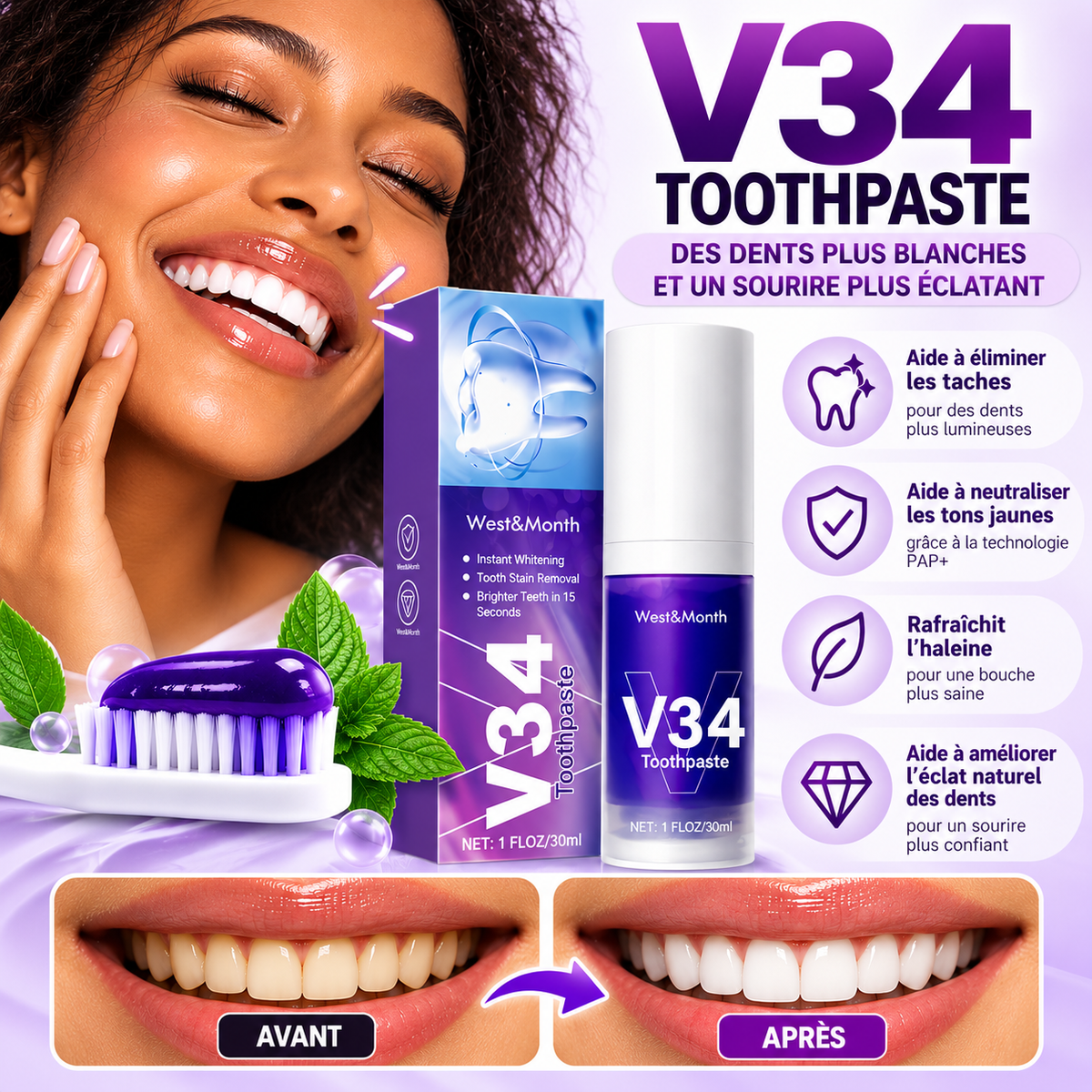 Dentifrice Correcteur V34 — Atténue l'effet jaune du sourire