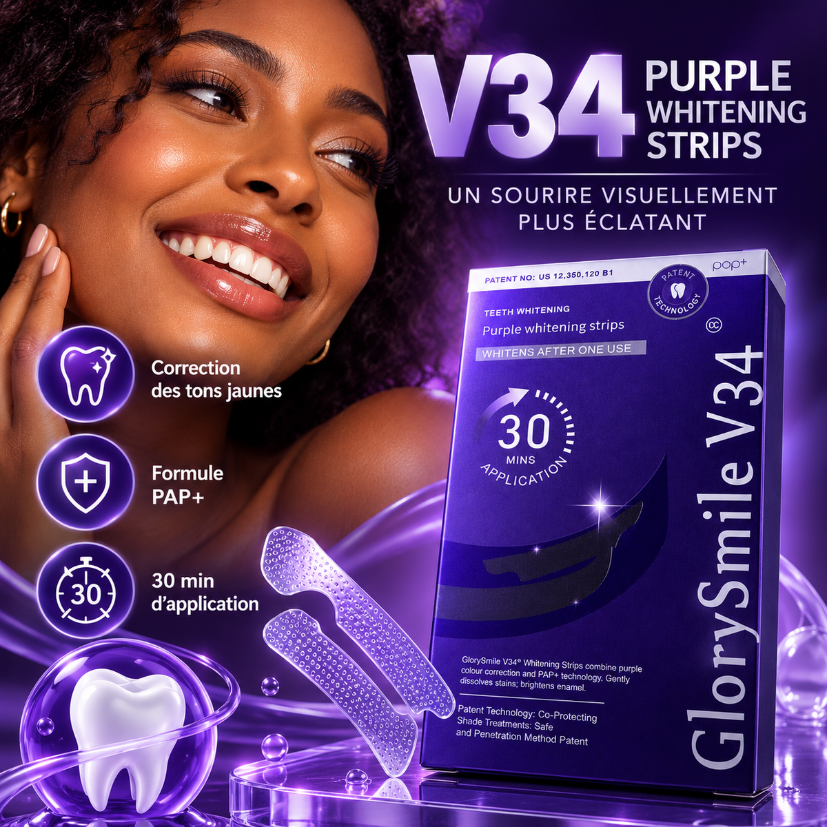 Bandes Dentaires Violettes GlorySmile V34 — 14 bandes, pose 30 min